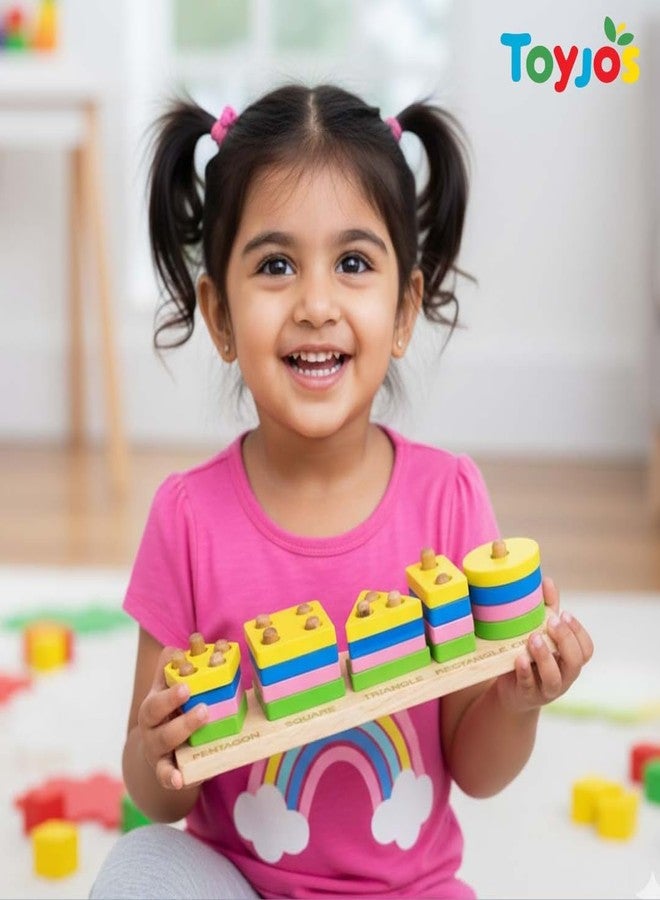 TOYJOS Kids Wooden Pattern Block Educational Toy Set | Multicolor Angle Geometric Shape Sorter and Stacking Puzzle Game | Montessori Learning Toy for Preschool Boys and Girls (Ages 1 to 5 Years) - Image 3